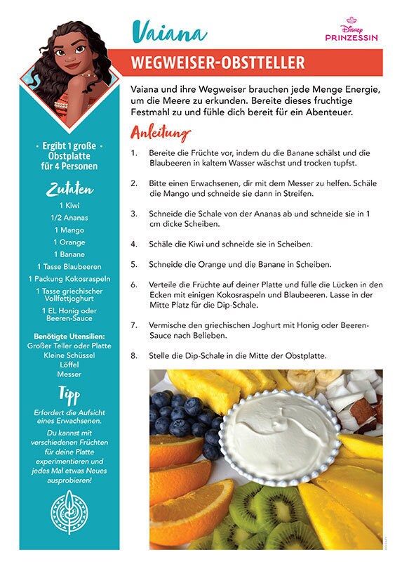 Eine Rezeptkarte mit einem Obstteller und dem Titel "Vaiana - Wegweiser-Obstteller", inspiriert von Disneys Vaiana.