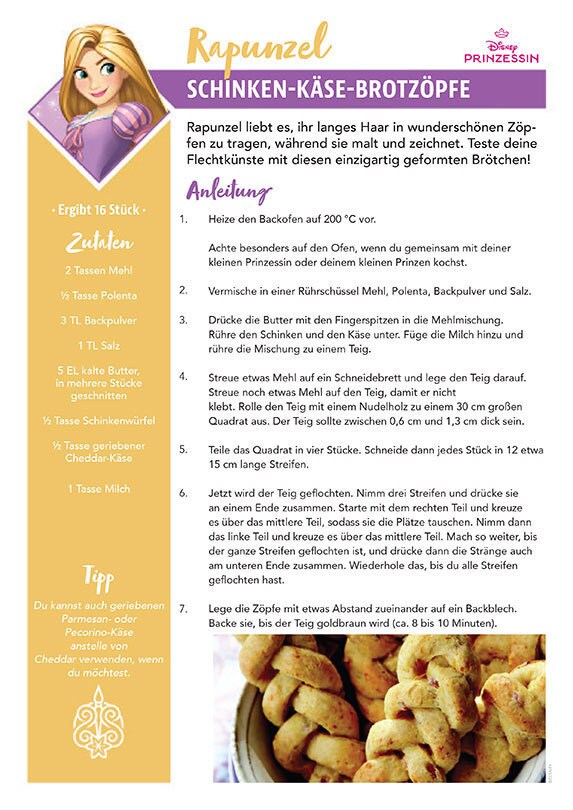 Eine Rezeptkarte mit dem Titel Schinken-Käse-Brotzöpfe, inspiriert von Rapunzel aus Rapunzel – Neu verföhnt, mit geflochtenem Blätterteig.