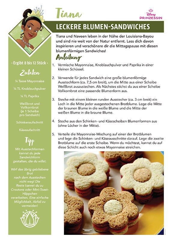 Eine Rezeptkarte mit dem Titel Leckere Blumen-Sandwiches, inspiriert von Tiana aus Küss den Frosch, mit blumenförmigen Schinken-Käse-Sandwiches.