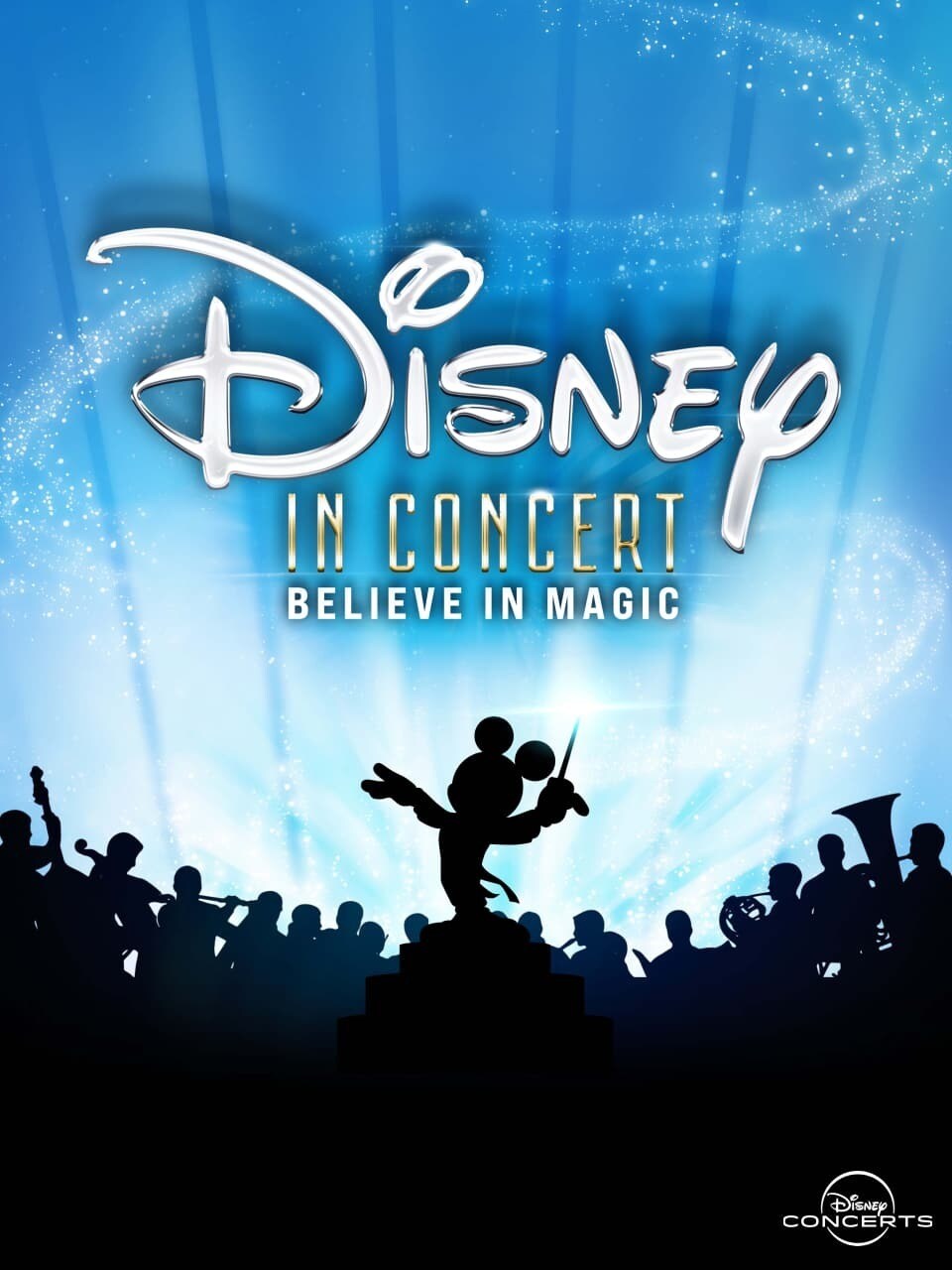 Silhouette von Mickey Maus als Dirigent und Orchester mit dem Schriftzug Disney in Concert: Believe in Magic