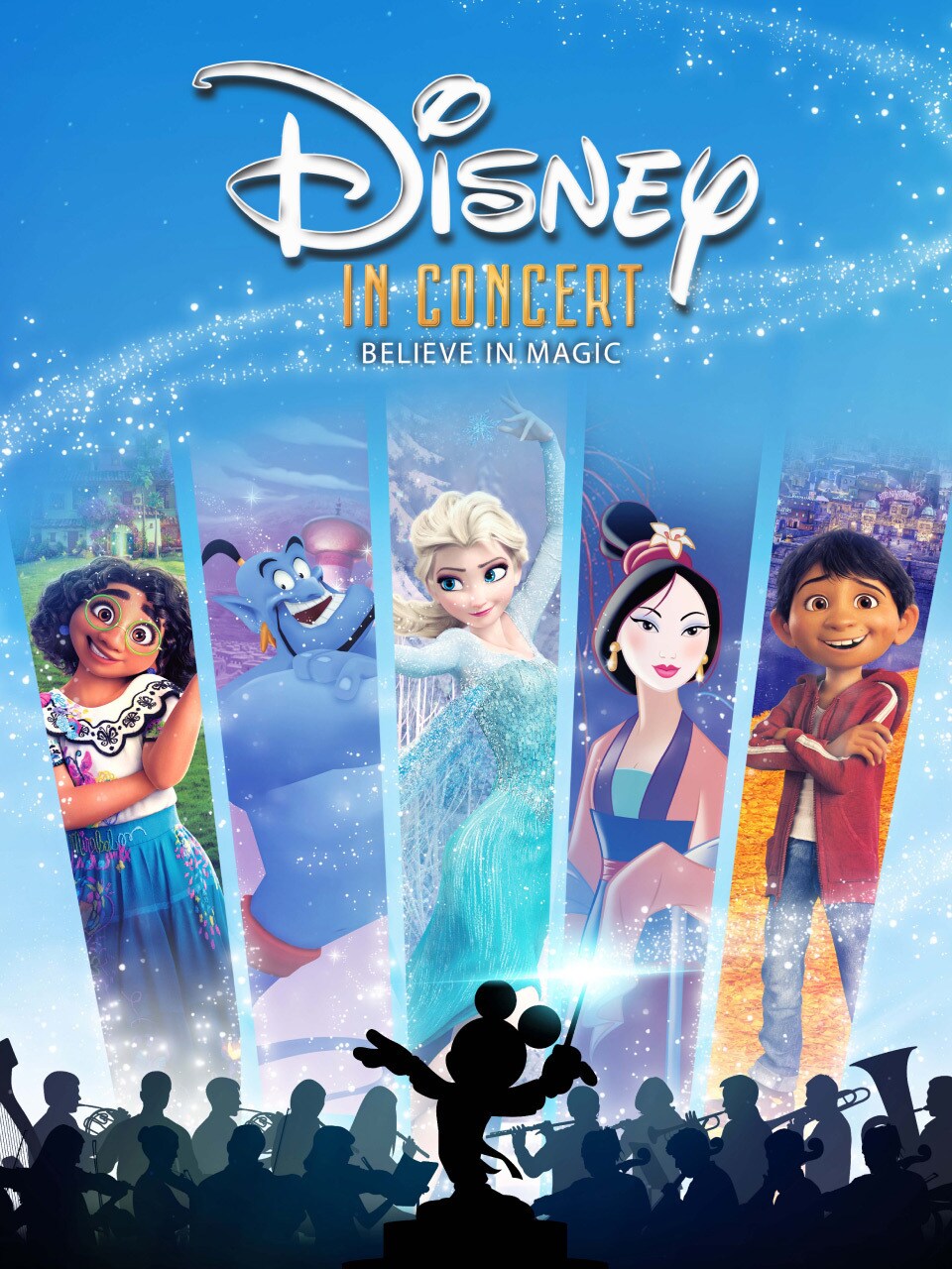 Silhouette von Mickey Maus als Dirigent und Orchester mit dem Schriftzug Disney in Concert: Believe in Magic