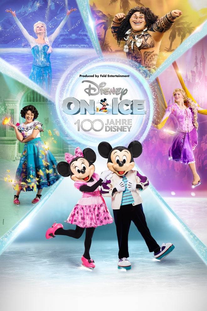Das Disney On Ice - 100 Jahre Disney Logo wird umgeben von Micky und Minnie Maus, Elsa, Maui, Rapunzel und Mirabel.