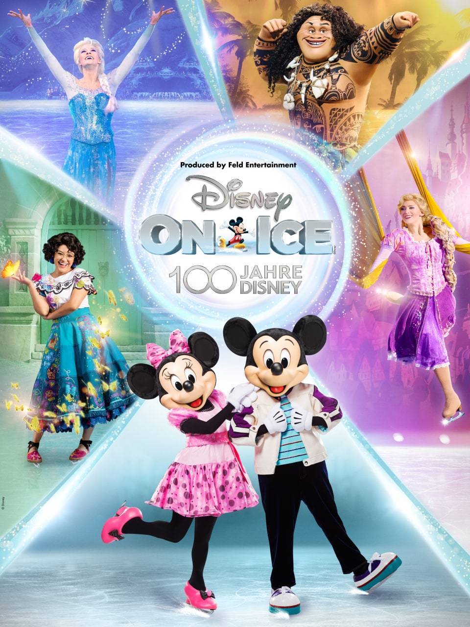 Das Disney On Ice - 100 Jahre Disney Logo wird umgeben von Micky und Minnie Maus, Elsa, Maui, Rapunzel und Mirabel.