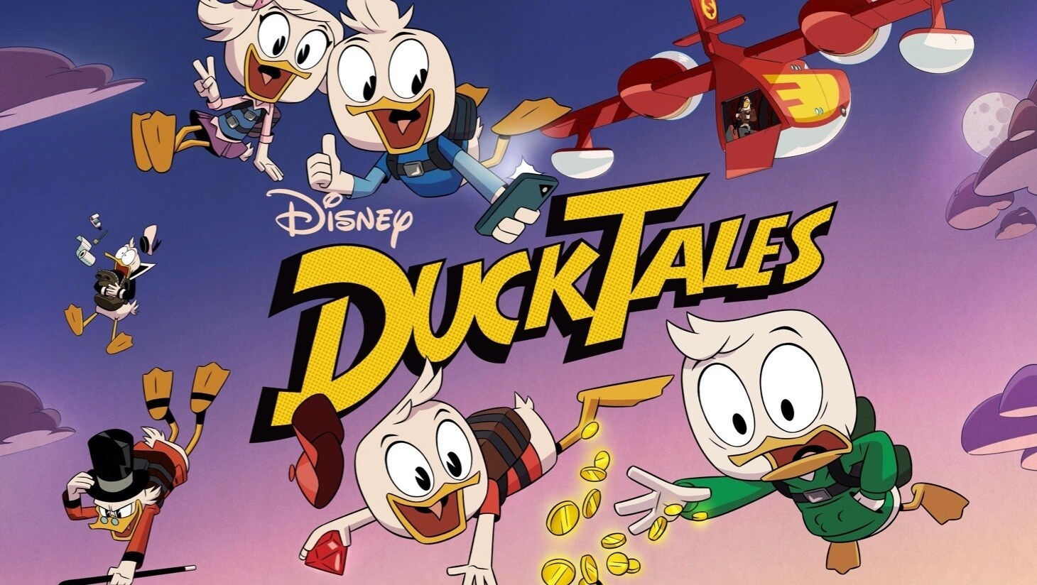 Tick, Trick, Track, Nicky, Dagobert, Donald und Quack mit seinem Flugzeug fallen von einem lila Himmel, „DuckTales“-Logo 