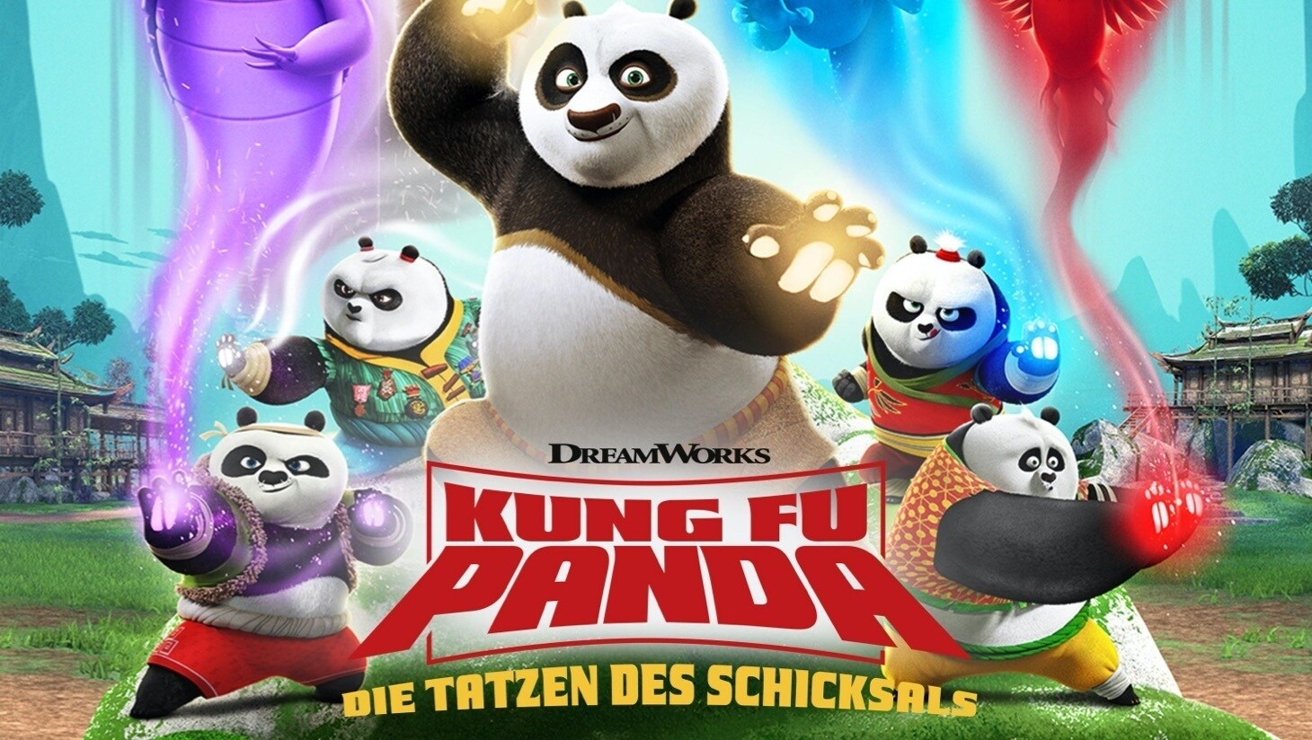 Po und die vier PandakinderNu Hai, Jing, Bao und Fan Tong in Kung Fu-Posen vor einem chinesischen Hintergrund mit „Kung Fu Panda –die Tatzen des Schicksals“-Logo