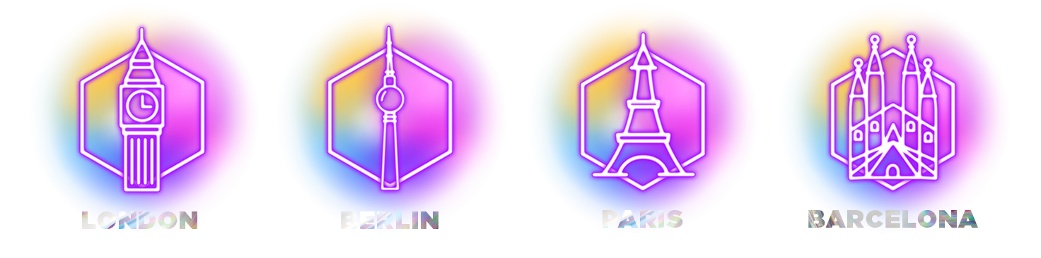 Icons der verschiedenen Event Veranstaltungsorte (London, Berlin, Paris und Barcelona)