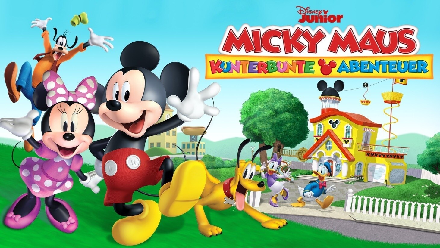 Micky, Minnie, Goofy, Donald und Daisy auf einem grünen Hügel, ein Baum, ein Haus, „Micky Maus: Kunterbunte Abenteuer“-Logo