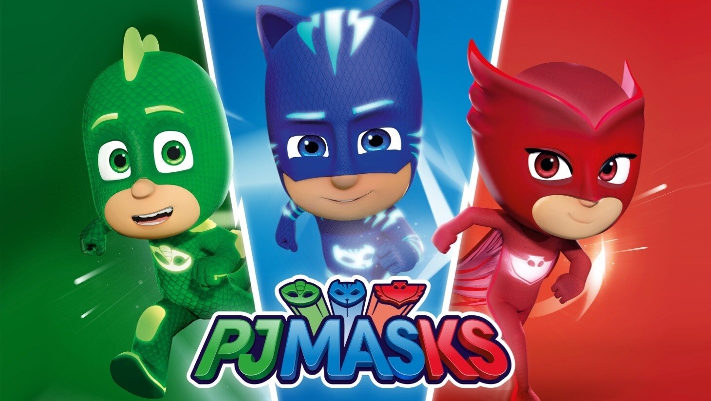 Gekko, Catboyund Eulettevor einem grünen, blauen und roten Hintergrund, „PJ Masks“-Logo