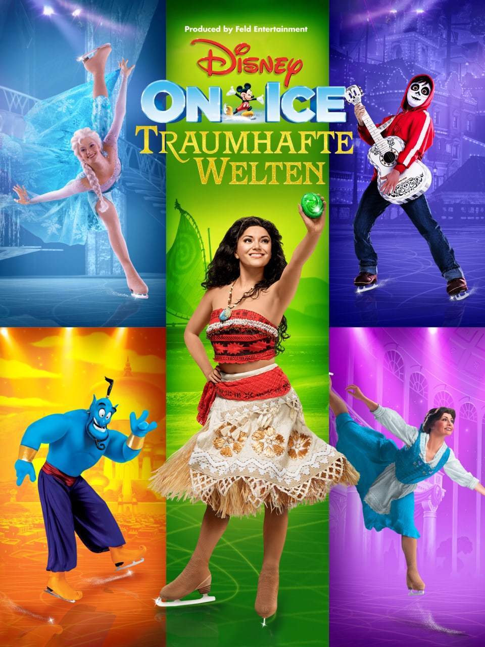 Elsa, Coco, Jasmine und der Dschinni, wie sie bei Disney On Ice auftreten