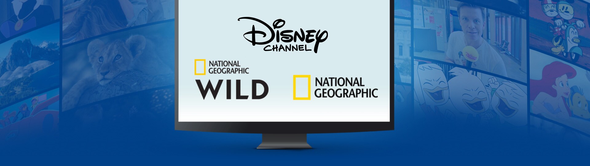 Logos von Disney Channel, National Geographic und National Geographic Wild auf einem Bildschirm, Szenen von Disney-Shows im Hintergrund