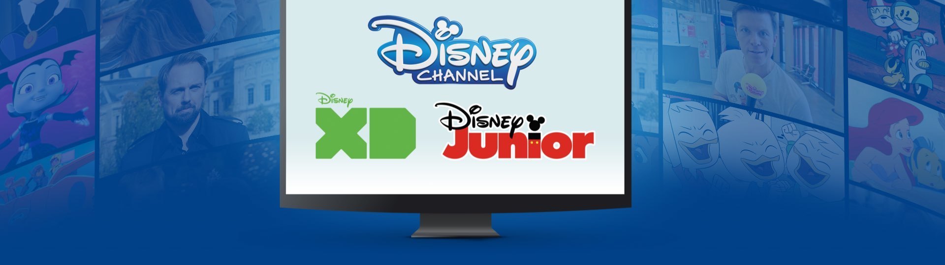 Logos von Disney Channel, Disney XD und Disney Junior auf einem Bildschirm, Szenen von Disney-Shows im Hintergrund