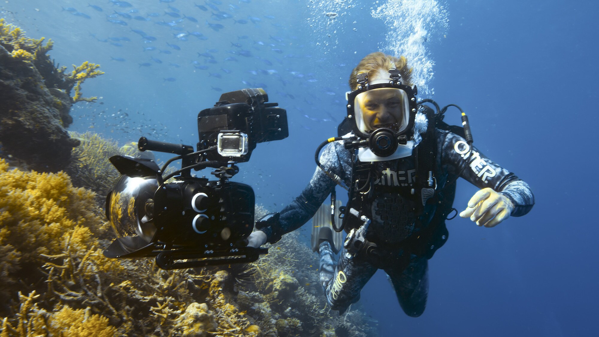 Bertie Gregory looking to camera while underwater. (National Geographic for Disney+/Dan Beecham)