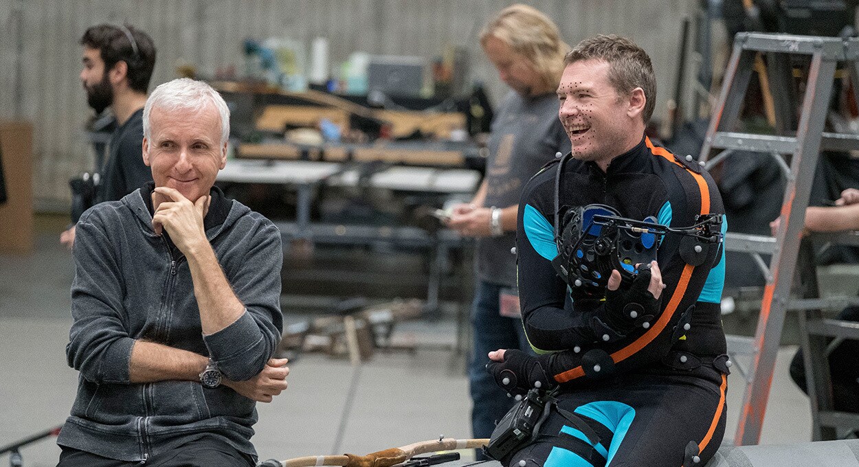 Image of director James Cameron and actor Sam Worthington on the set of Avatar 2.