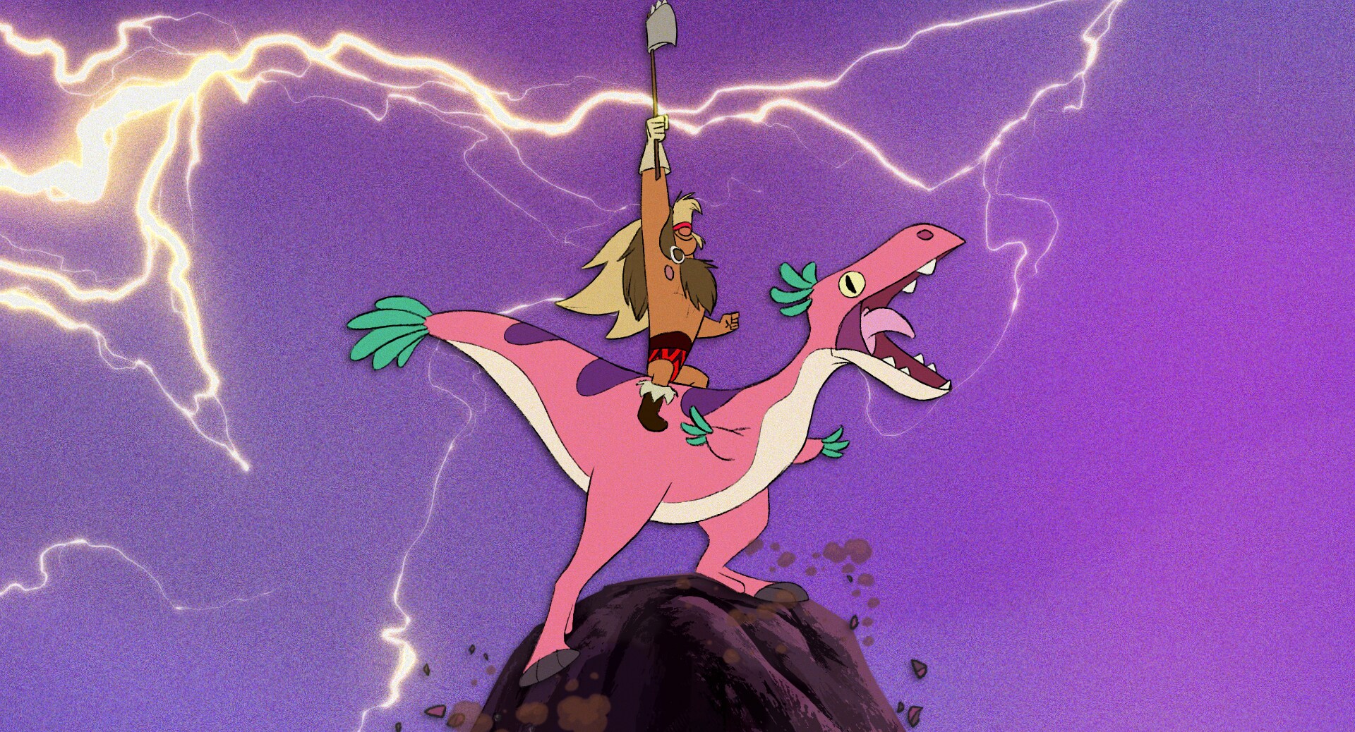 Image from Dinosaur Barbarian with pink dinosaur and barbarian on a hilltop