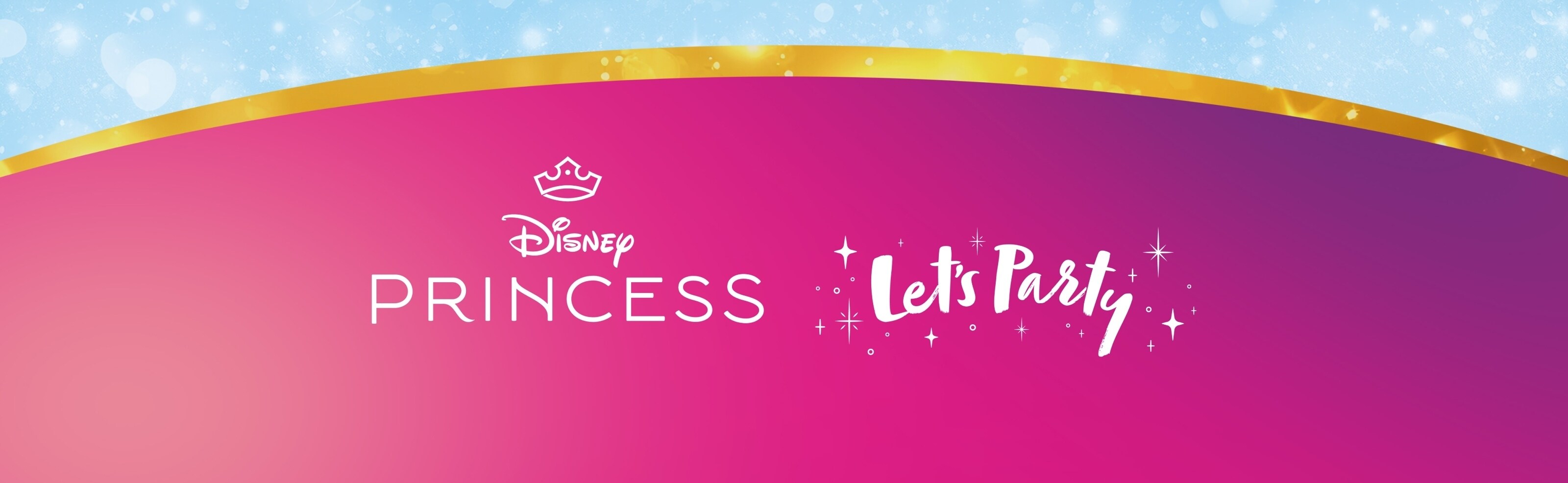 Disney Princess 'Let's Party' graphic with pink-purple gradient background, sparkles, and crown icon.
