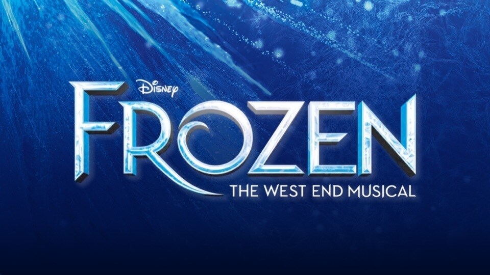 The Frozen logo on a decorative icy themed background