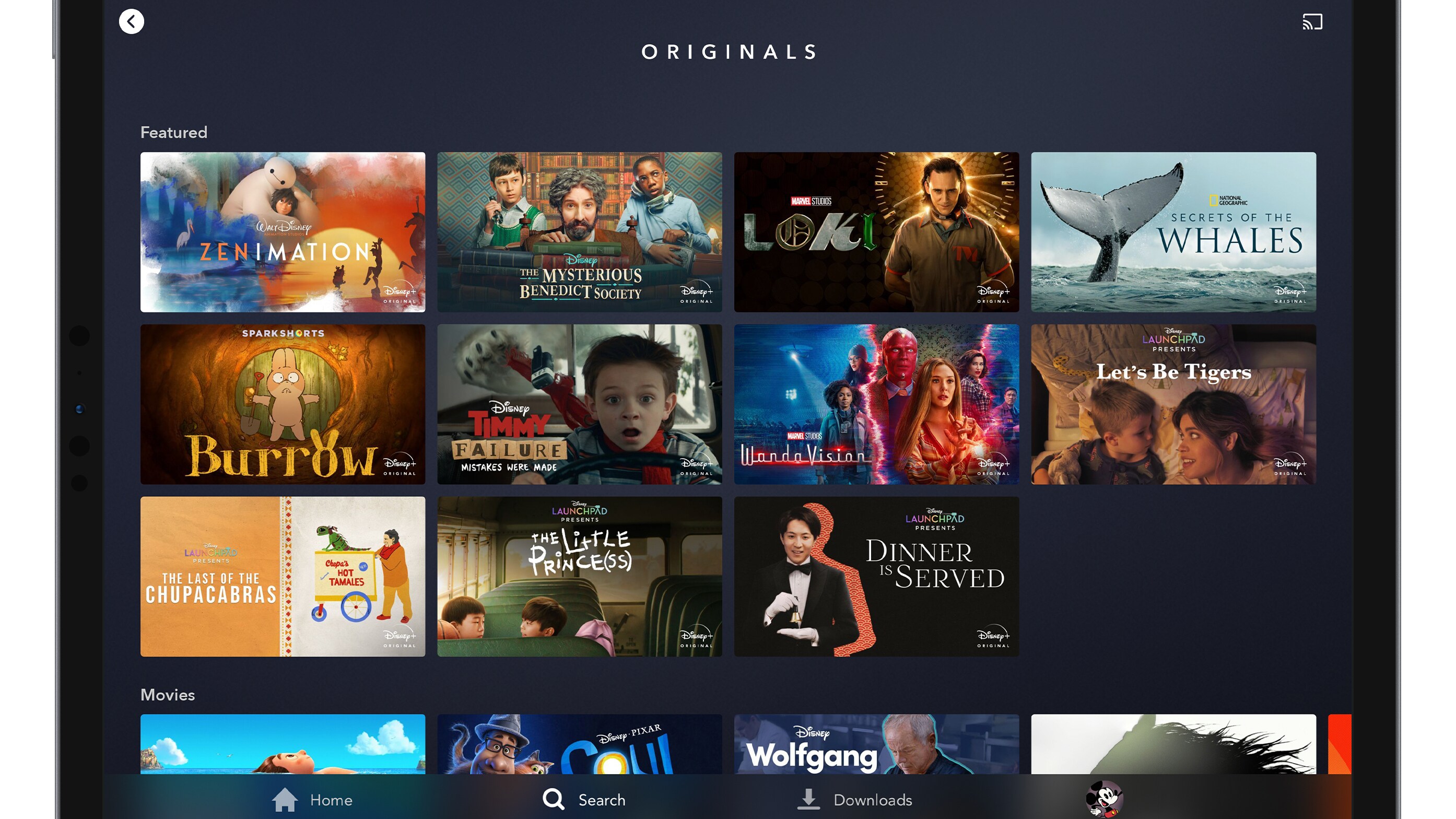 Disney+ Originals Page on Tablet Device