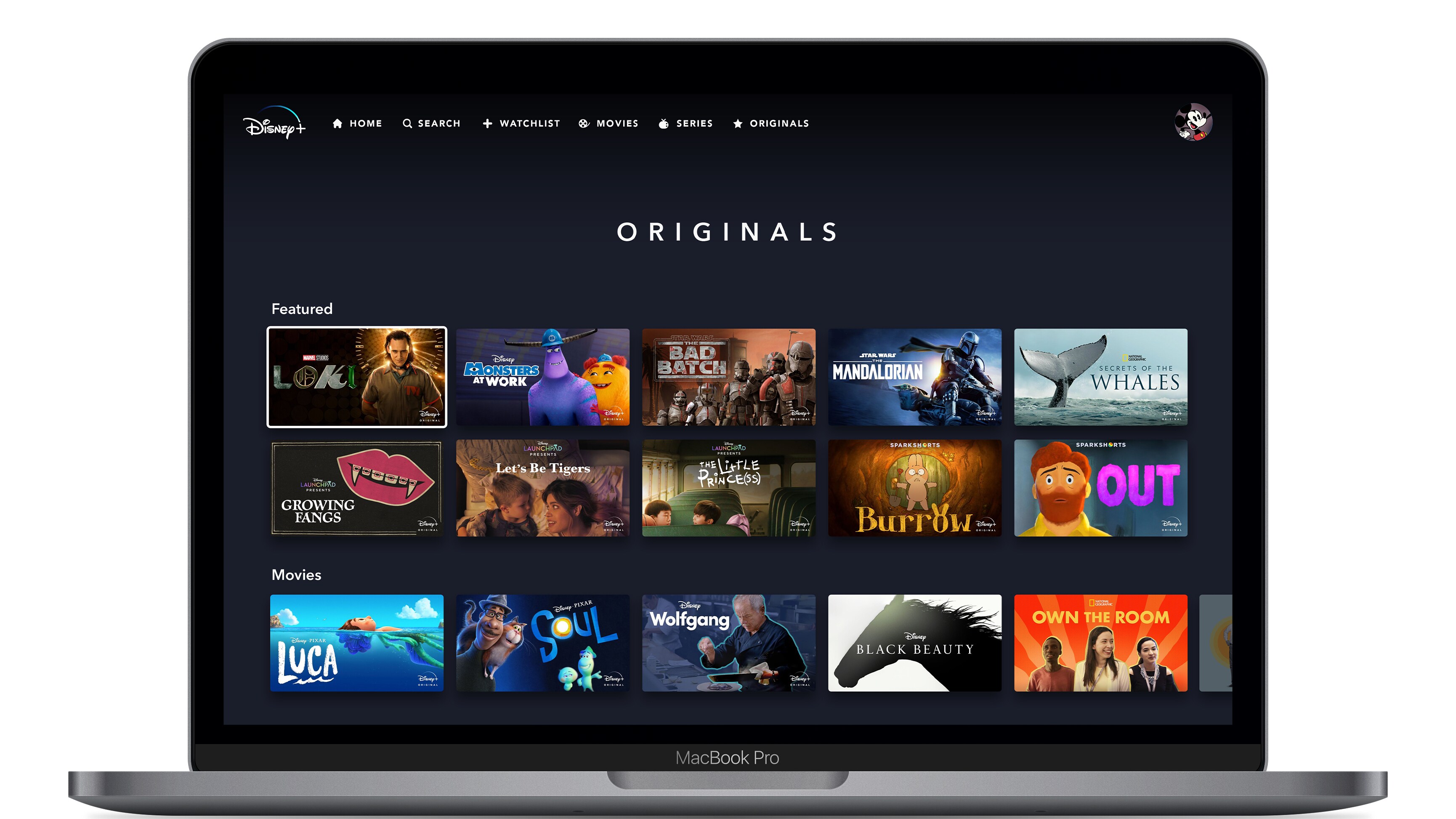 Disney+ Originals Page on Web Device