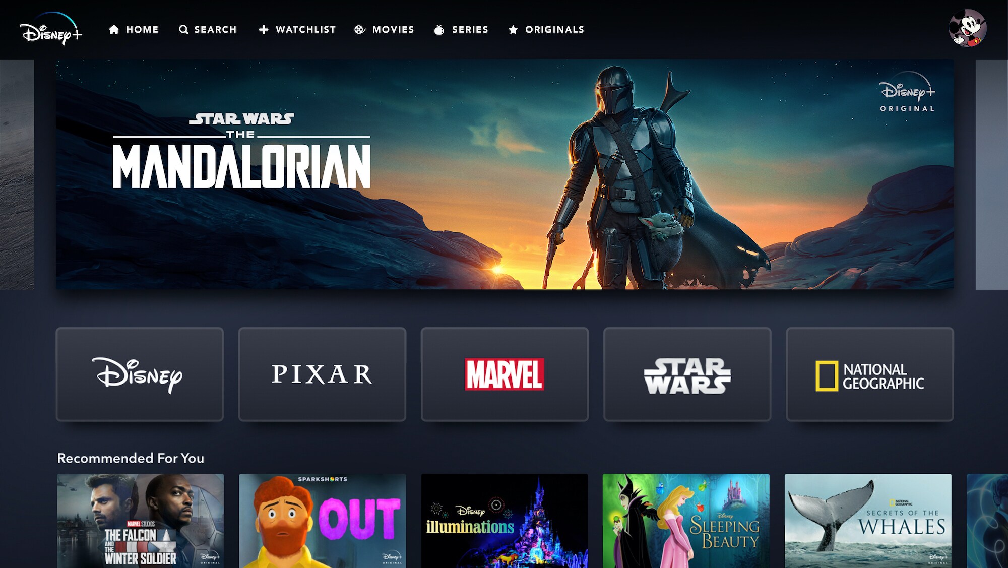 Disney+ App Home Page on Web