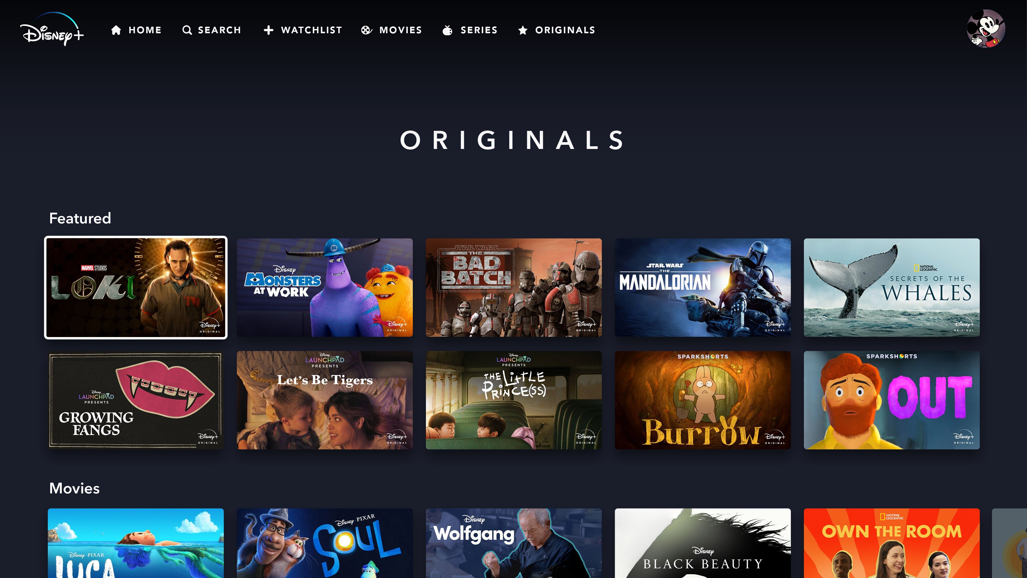 Disney+ Originals Page on Web