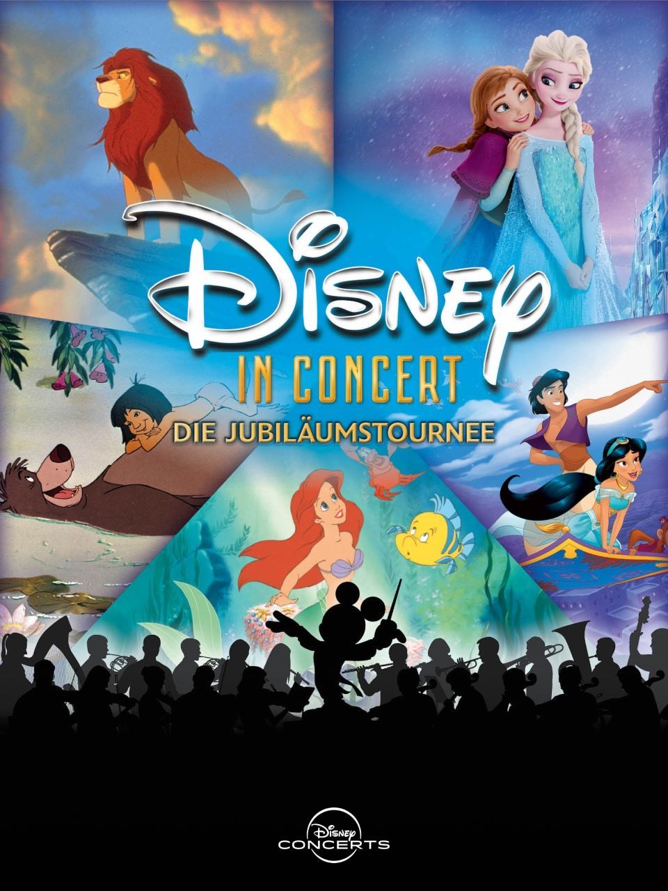 Disney in Concert Poster mit Figuren aus bekannten Filmen und einem Orchester-Schatten.