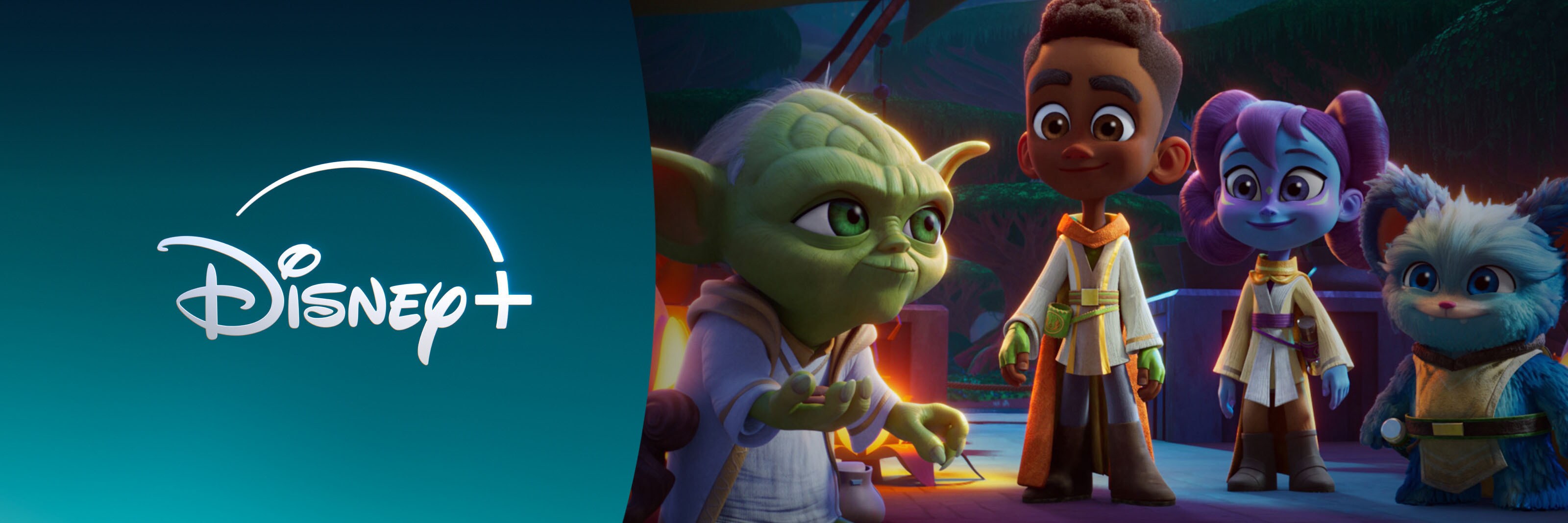 The Disney+ logo on a green background and characters from Star Wars: Young Jedi Adventures.