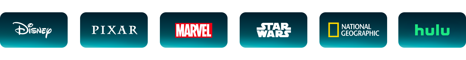 The Disney, the Pixar, the Marvel, the Star Wars, the National Geographic and the Hulu logos in dark green rectangles.