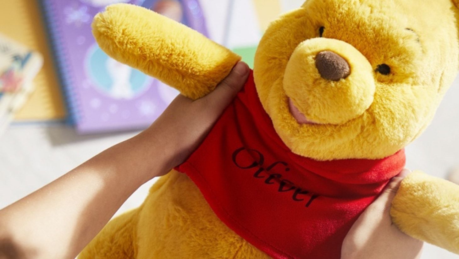 Ein Winnie the Pooh-Stofftier mit einem personalisierten T-Shirt