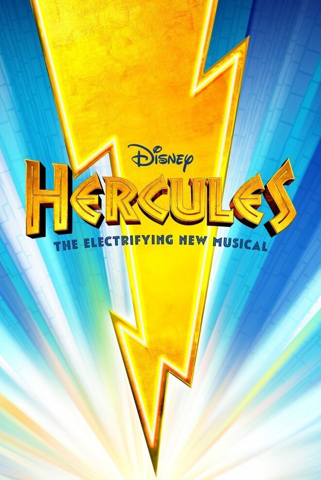 Hercules logo with a yellow lightening bolt going down vertically, on a blue sky background