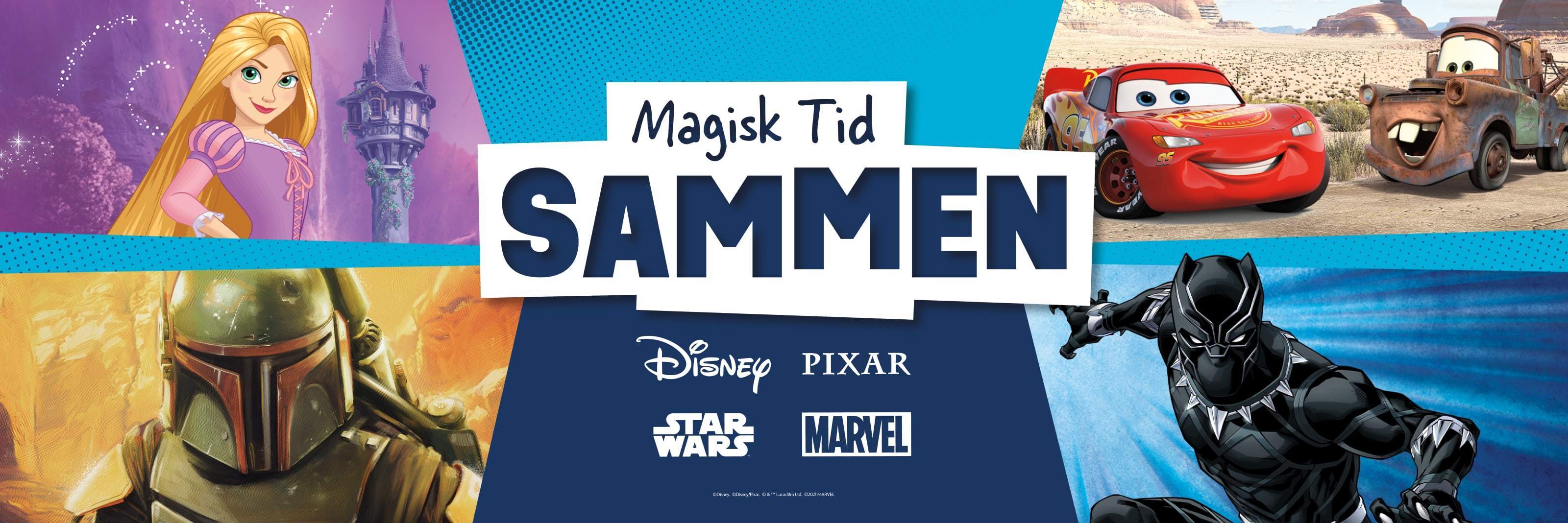 Disney-, Pixar-, Star Wars- og Marvel-karakterer foran en blå bakgrunn med merkelogoer i midten