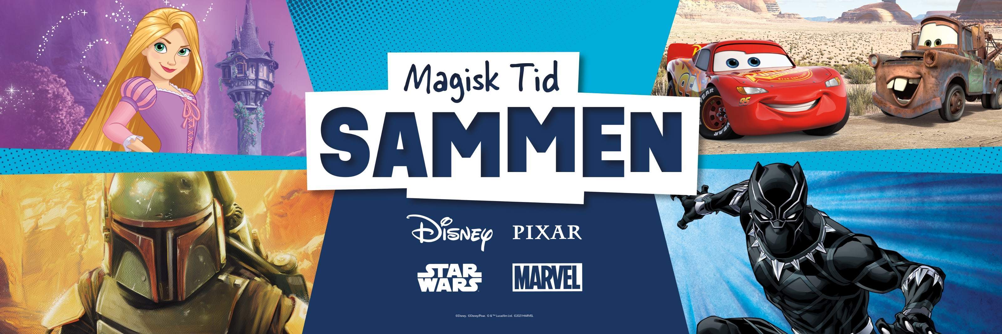 Disney, Pixar, Star Wars og Marvel karakterer foran en blå baggrund med mærkelogoer i midten