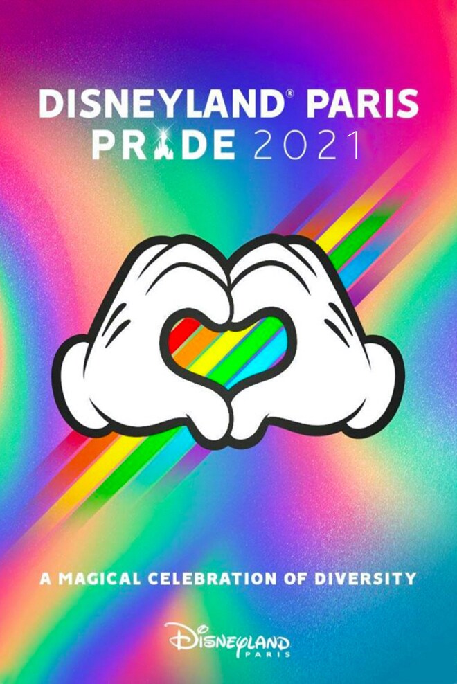 Disney Land Paris Pride poster with Mickey Mouse hands in the shape of a heart with a rainbow behind it