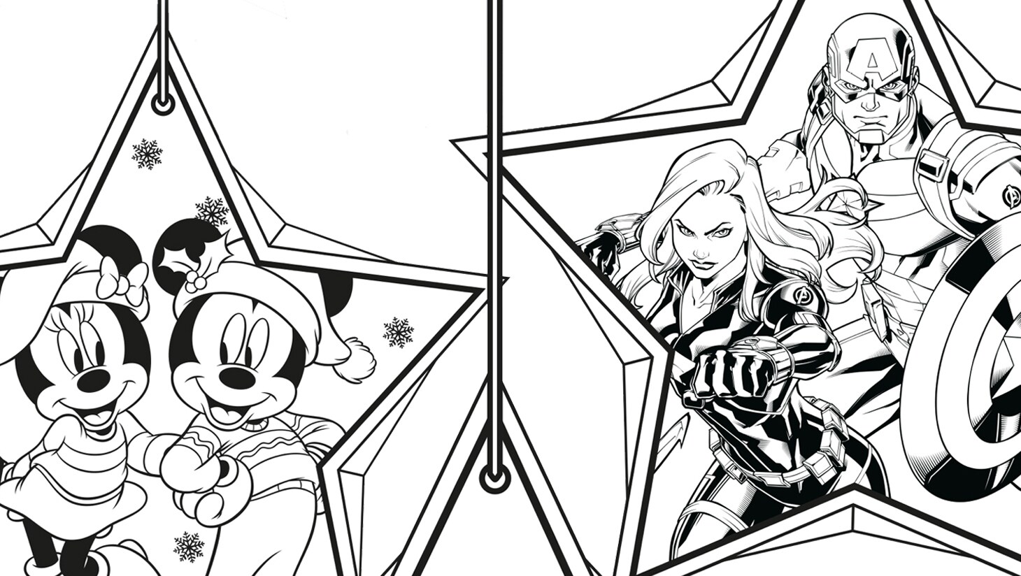 Kaptan Amerika, Mickey, Minnie, Anna ve Elsa olan siyah beyaz yıldızlı boyama sayfası