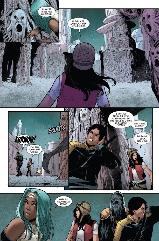 A page from Doctor Aphra: Fortune and Fate with Doctor Aphra and crew on Vaale