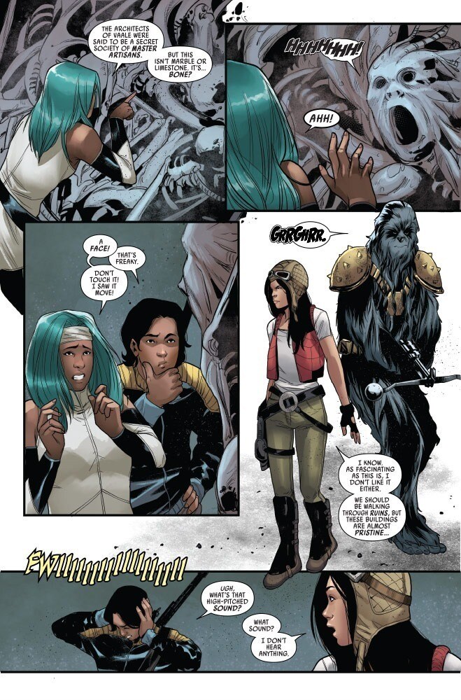 A page from Doctor Aphra: Fortune and Fate with Doctor Aphra and crew on Vaale