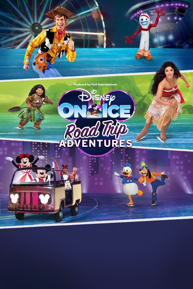 Characters from Disney On Ice Road Trip Adventures including Mickey and Minnie, Goofy and Donald Duck, Woody, Forky, Moana and Maui