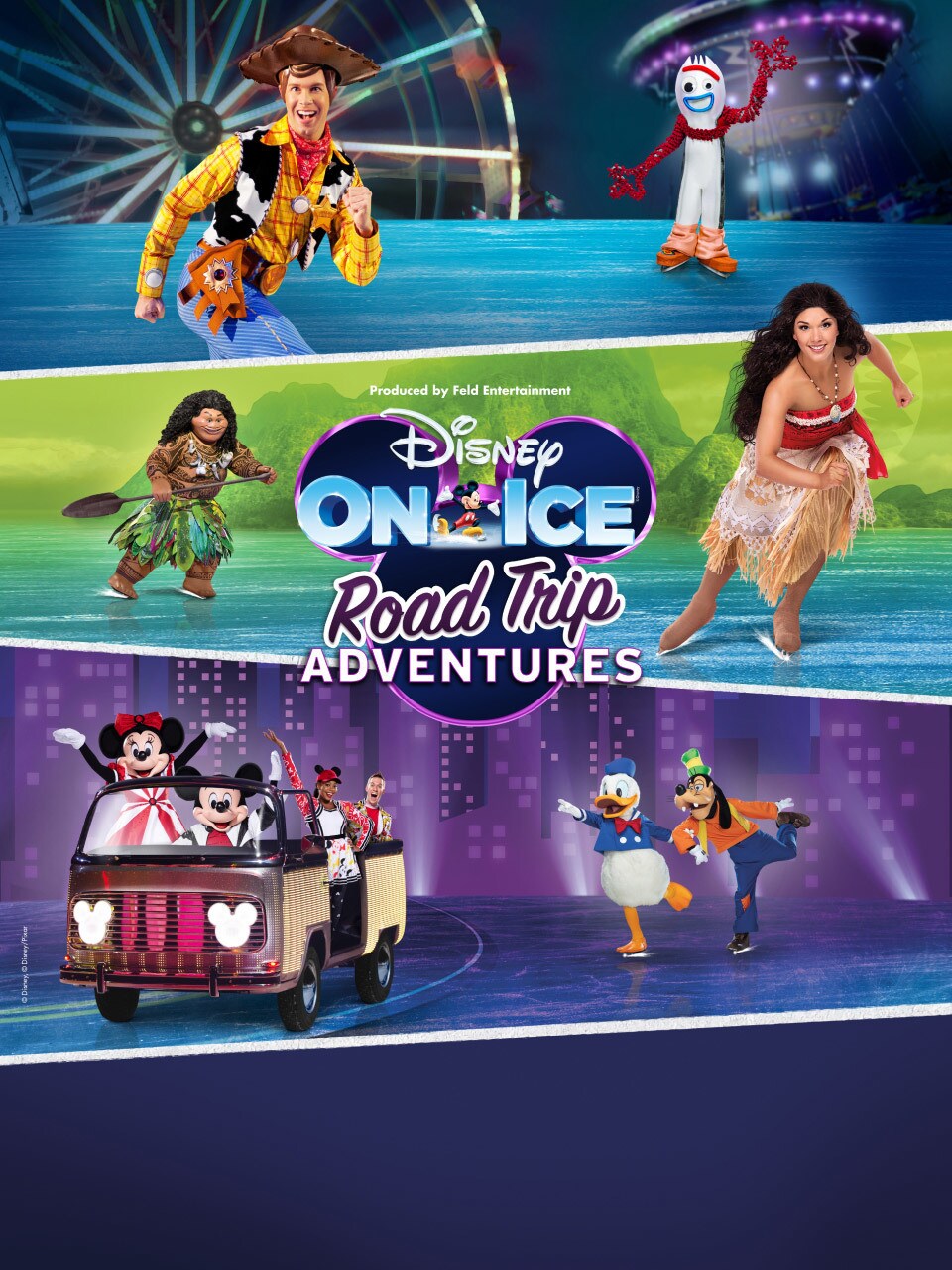 Disney on Ice Road Trip Adventures poster featuring Toy Story 4, Moana, Mickey and friends on a train