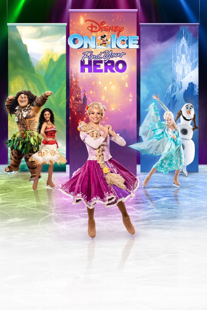 Disney characters including Rapunzel, Moana and Maui, Elsa and Olaf, dancing on ice in front of coloured backdrops with the Disney On Ice logo in the centre