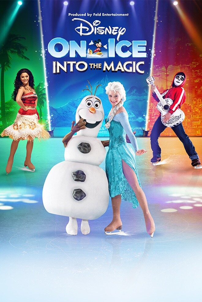 Disney characters including Moana, Miguel, Elsa and Olaf, dancing on ice in front of coloured backdrops with the Disney On Ice logo in the centre