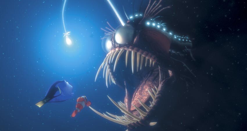 Dory and Marlin gets spooked by a scary looking fish in the animated movie "Finding Nemo"