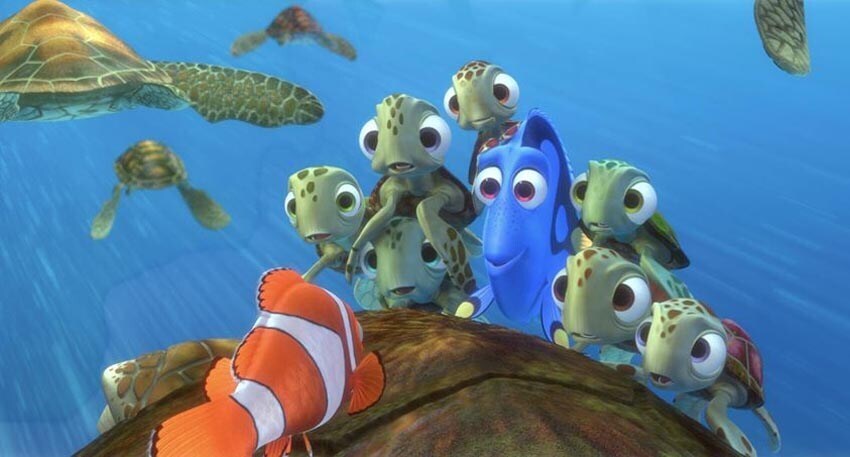 Dory and the sea turtles listening to Marlin's story in the animated movie "Finding Nemo"