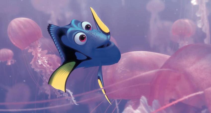 Dory bouncing on a jellyfish in the animated movie "Finding Nemo"