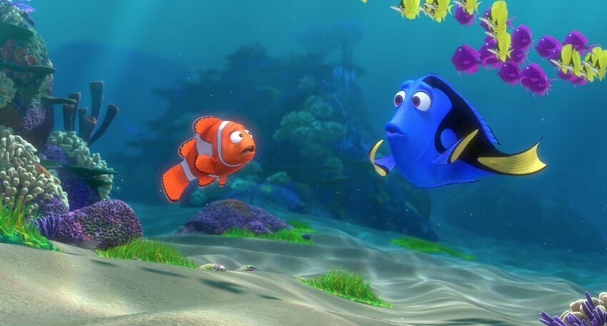 Dory and Marlin talking in the animated movie "Finding Nemo"