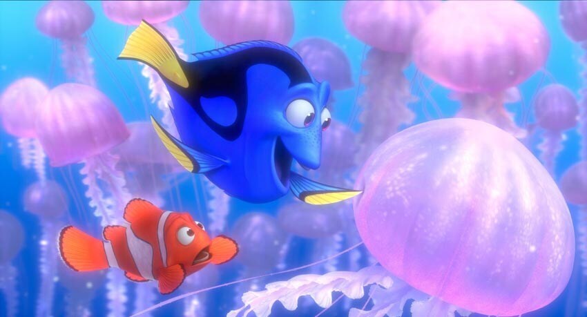 Dory, Marlin and the jellyfish in the animated movie "Finding Nemo"