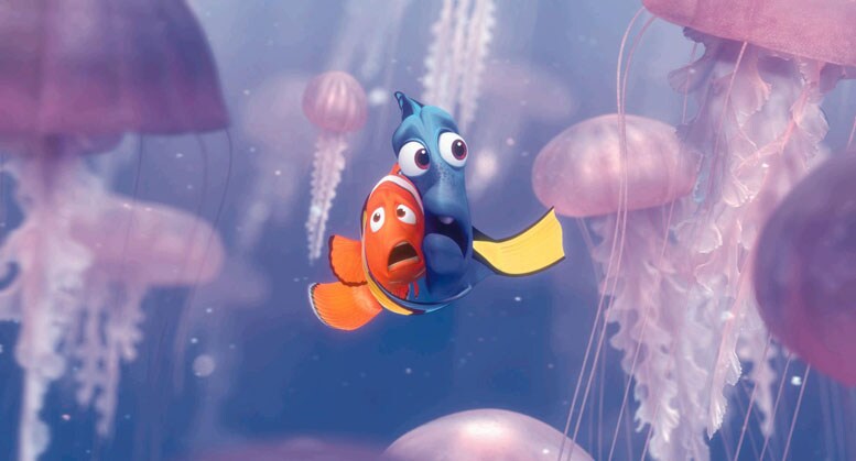 Dory and Marlin surrounded by jelly fish