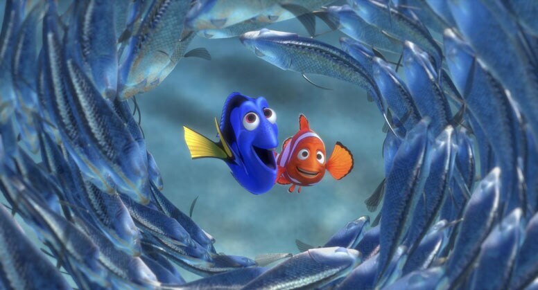 Dory and Marlin surrounded by fish