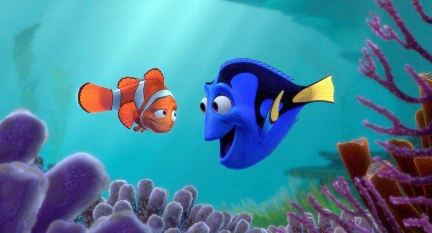 Dory talking to Marlin in the animated movie "Finding Nemo"