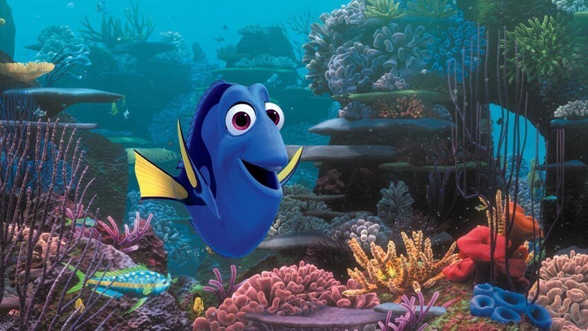 Dory swimming in a coral reef in the animated movie "Finding Nemo"