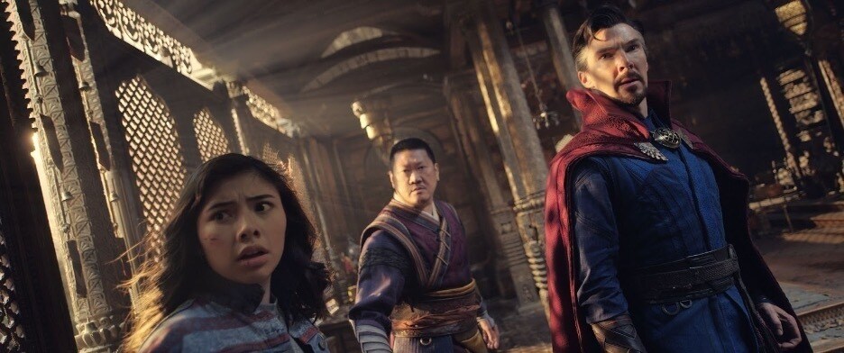 Dr Strange, Wong and America all look in fear in Dr. Strange in the Multiverse of Madness