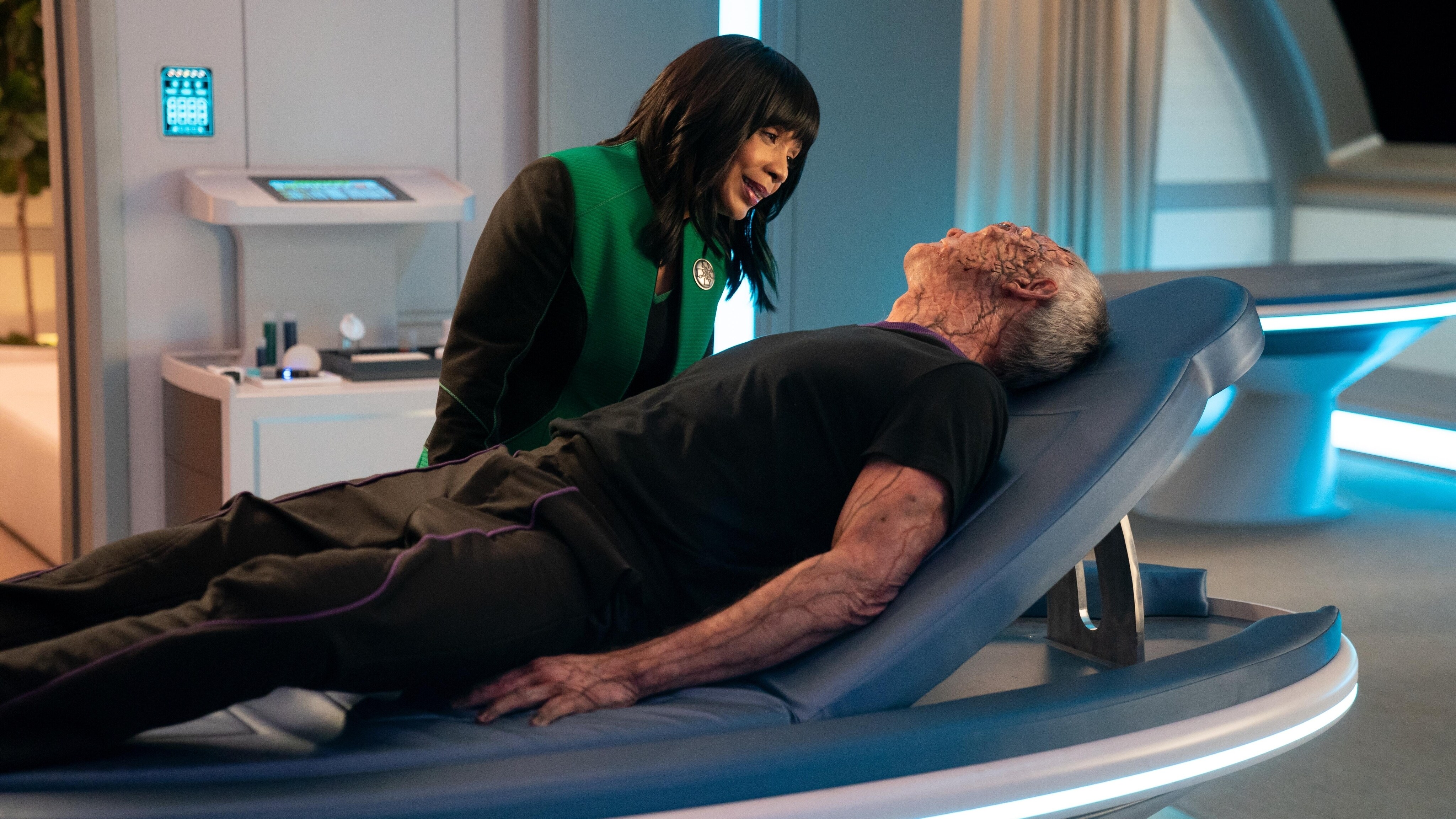 The Orville: New Horizons -- “Shadow Realms” - Episode 302 -- The Orville crew embarks on a mission to explore a dangerous region of Krill space. Dr. Claire Finn (Penny Johnson Jerald) and Admiral Christie (James Read), shown. (Photo by: Michael Desmond/Hulu)